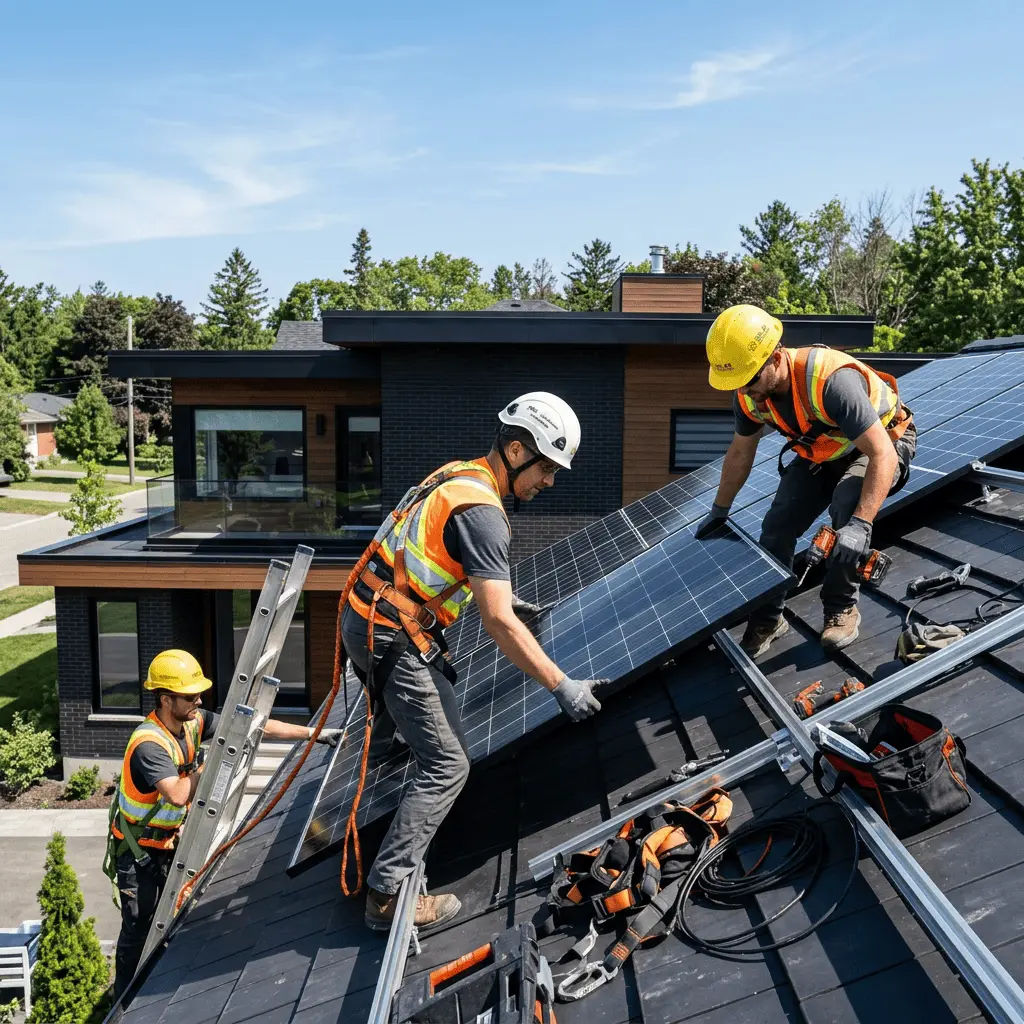 Freenova technicians fitting panels on a rooftop